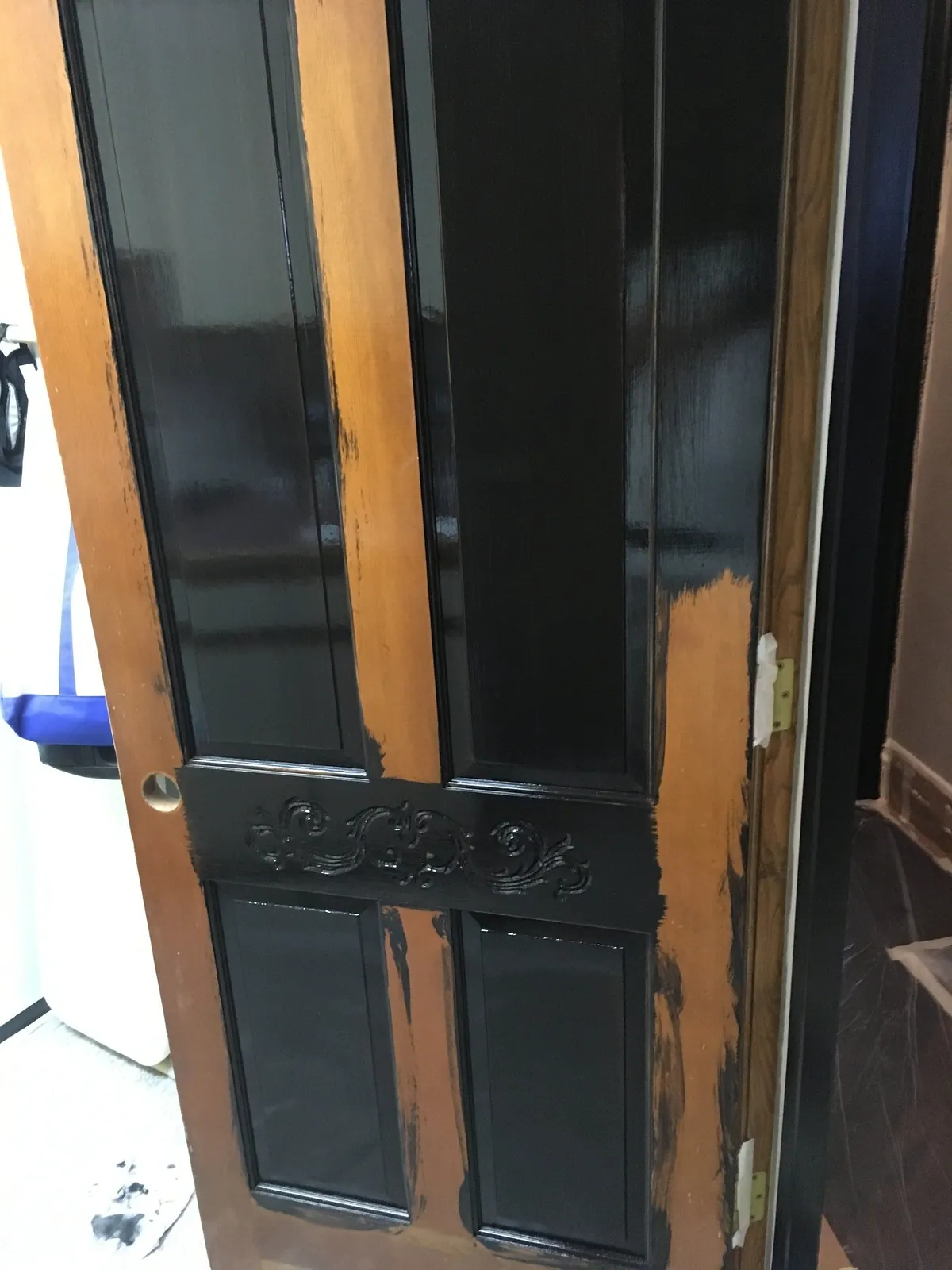 Door mid-way through a black gel-stain conversion