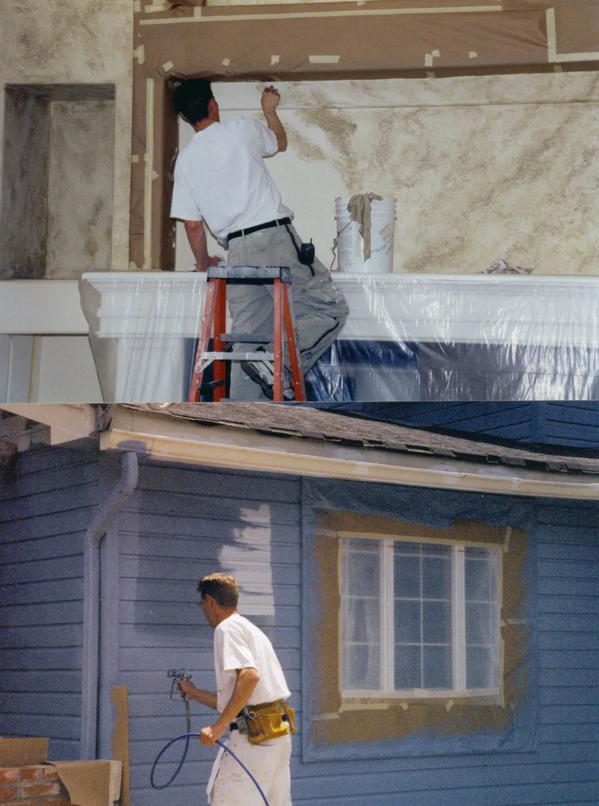 Dave spraying siding on an exterior repaint